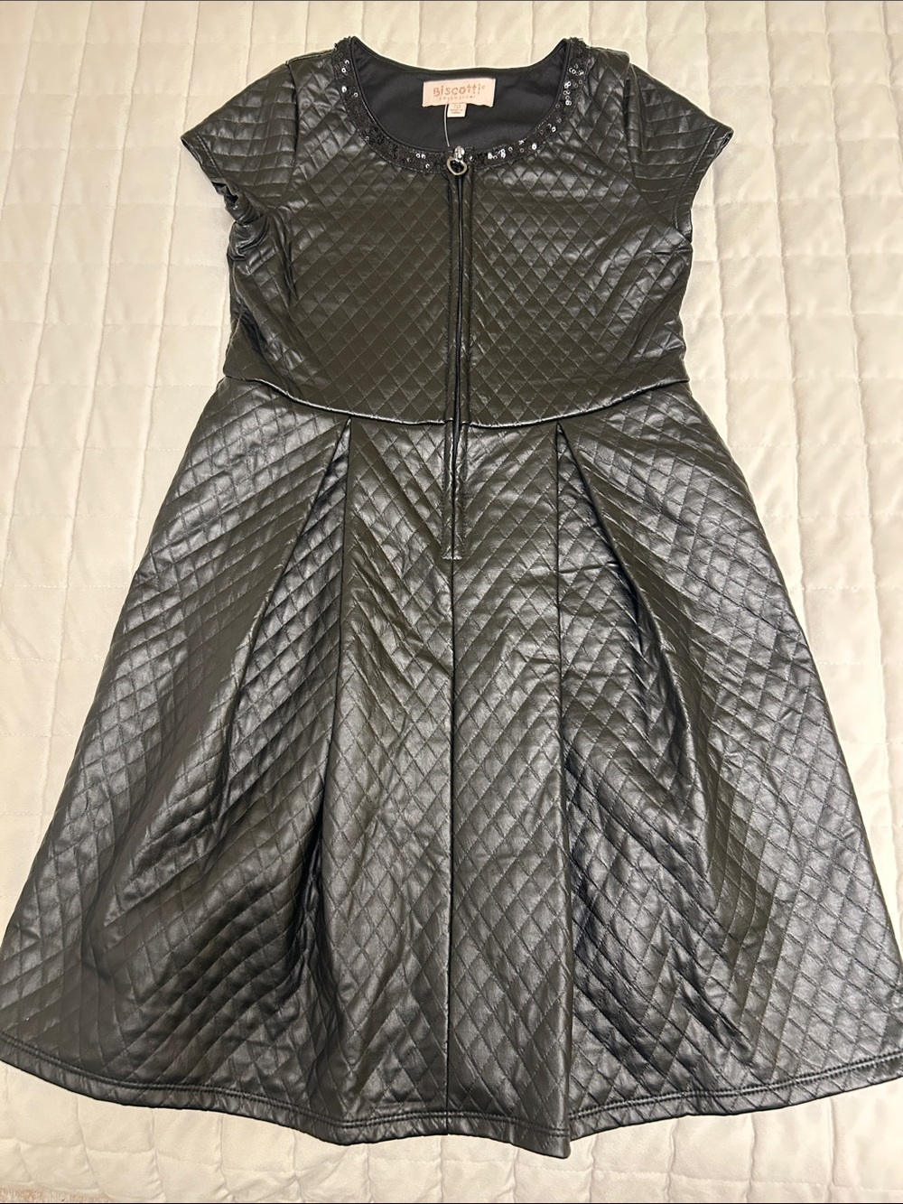 Biscotti Girl’s Black Sequin-Trim Dress Heart Zipper Faux Quilted Leather NWOT